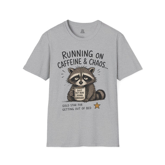 Running On Caffeine & Chaos Unisex T-Shirt | Cute coffee Raccoon Meme Burned Out Joke Shirt