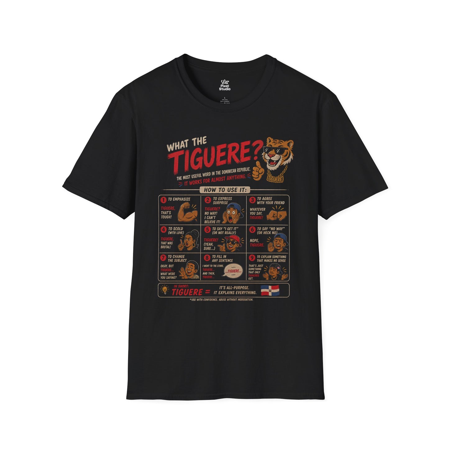 What the Tiguere? Instructional Dominican Vocabulary Chart Unisex T-Shirt | Funny Spanish Latin Meme Explanation Gift Tee