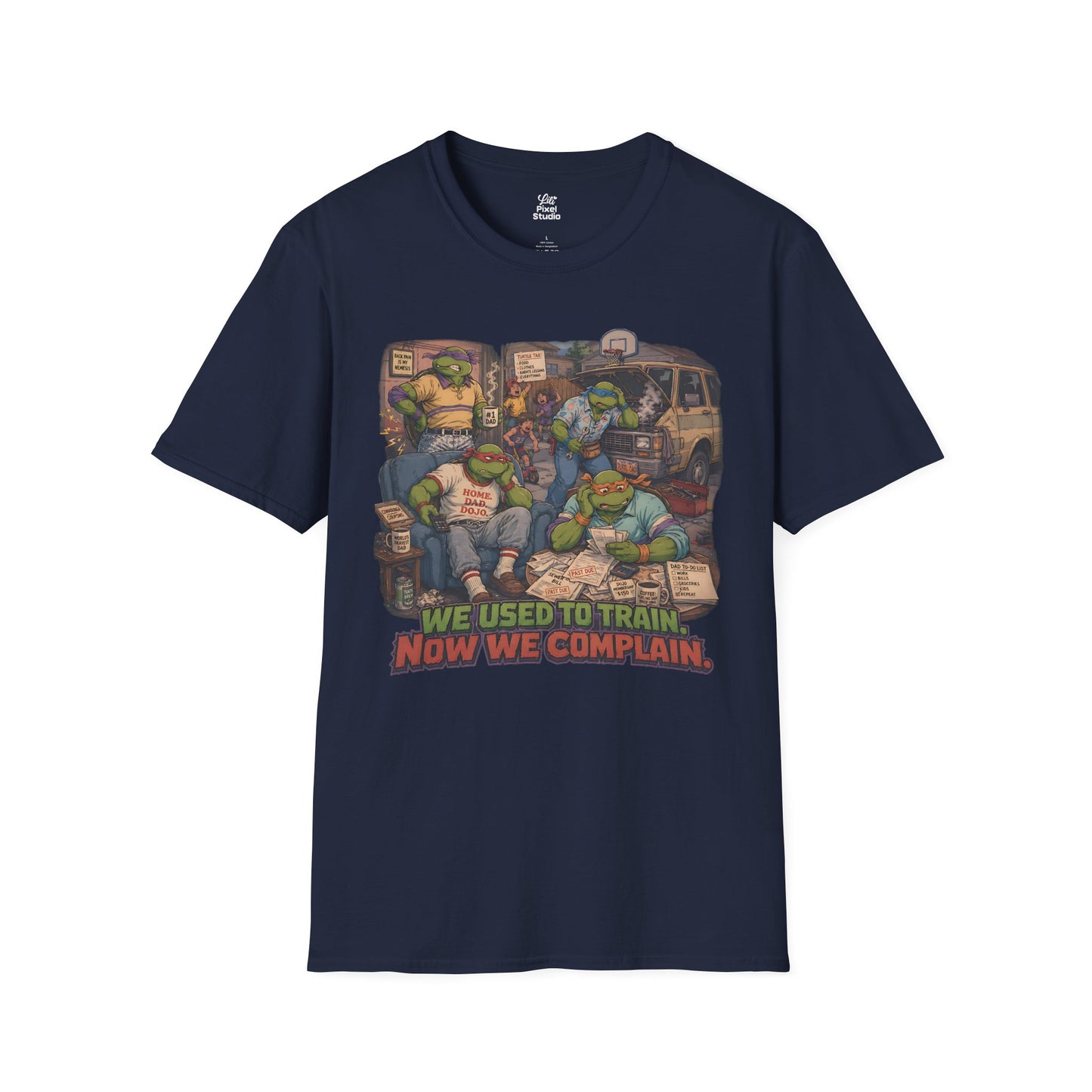 We Used To Train Now We Complain Mens Shirt, Funny Retro Turtle Parody Tee, 80s Cartoon Humor Gift for Nostalgic Millennials