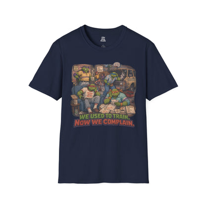 We Used To Train Now We Complain Mens Shirt, Funny Retro Turtle Parody Tee, 80s Cartoon Humor Gift for Nostalgic Millennials
