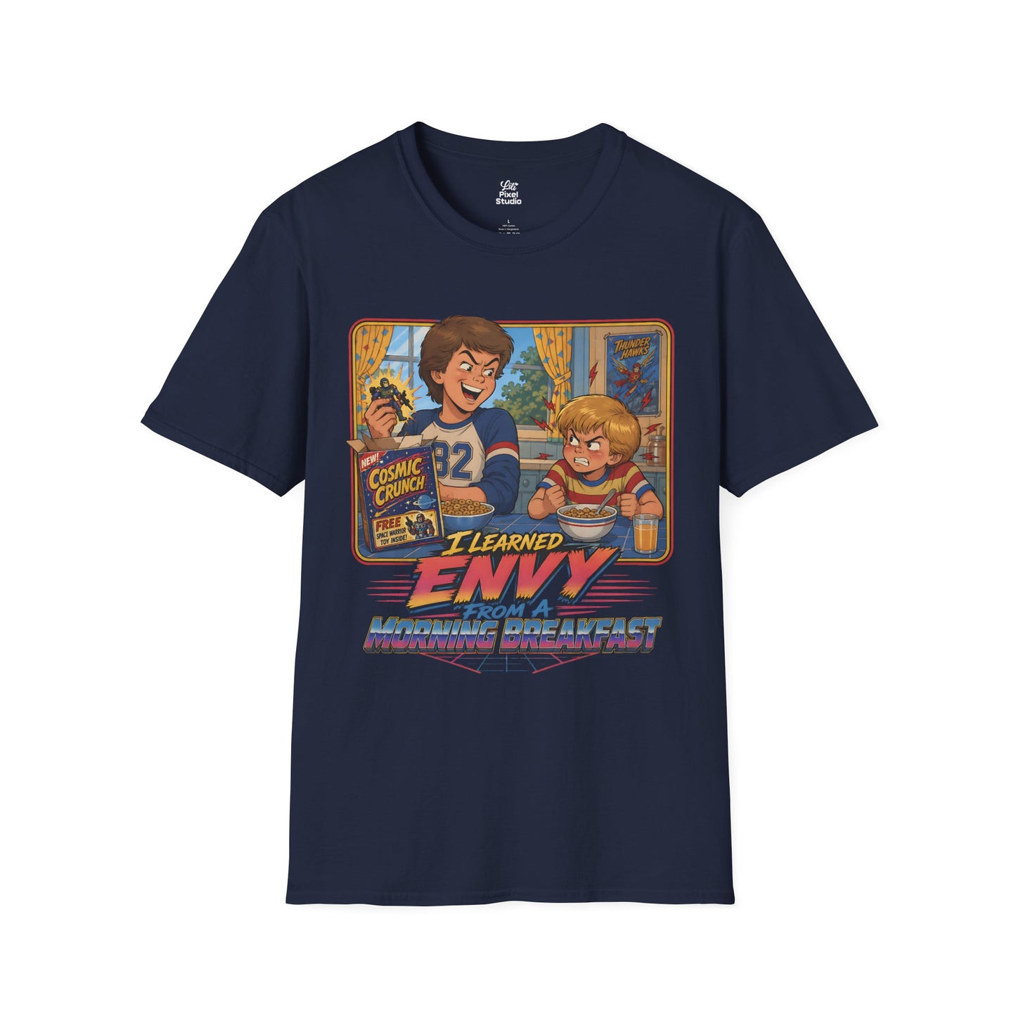 I Learned Envy From A Morning Breakfast Mens Shirt, Funny Retro Cereal Tee, 80s 90s Sibling Rivalry Gift for Millennials