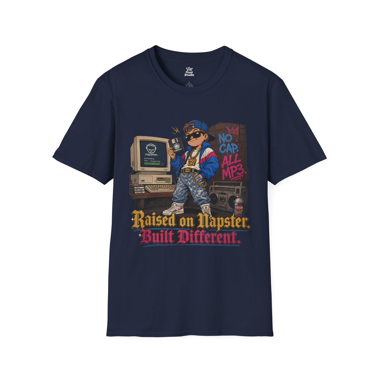 Raised On Napster Built Different Mens Shirt, Funny Y2K Internet Tee, Retro MP3 Download Humor Gift for Nostalgic Millennials