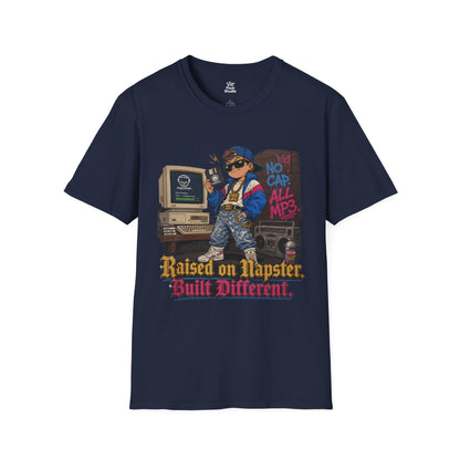 Raised On Napster Built Different Mens Shirt, Funny Y2K Internet Tee, Retro MP3 Download Humor Gift for Nostalgic Millennials