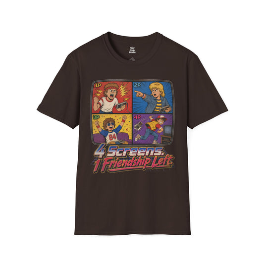 4 Screens 1 Friendship Left Mens Shirt, Funny Retro Gamer Tee, Vintage Gaming Shirt, 80s 90s Gift for Gamers Multiplayer Arcade TShirt