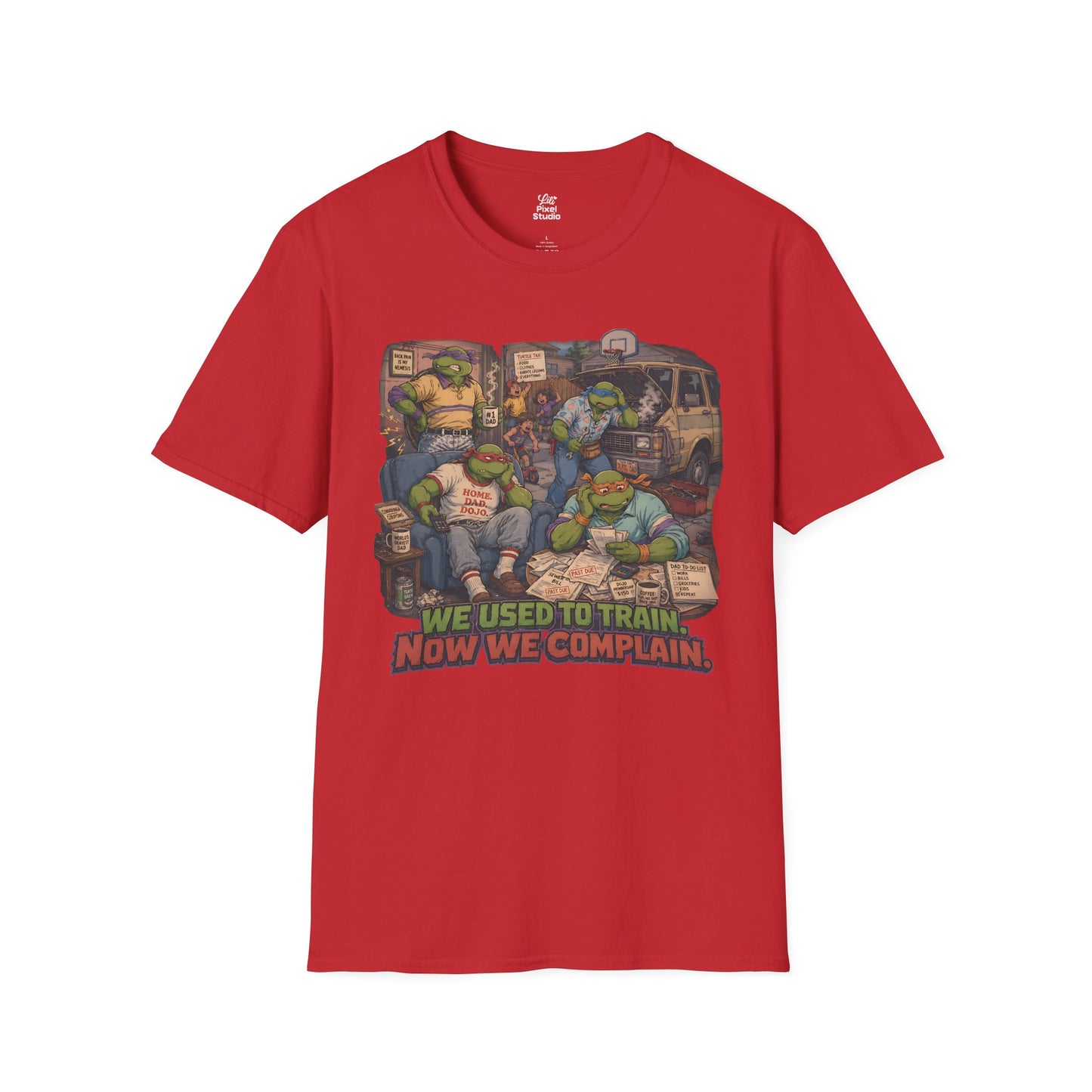 We Used To Train Now We Complain Mens Shirt, Funny Retro Turtle Parody Tee, 80s Cartoon Humor Gift for Nostalgic Millennials