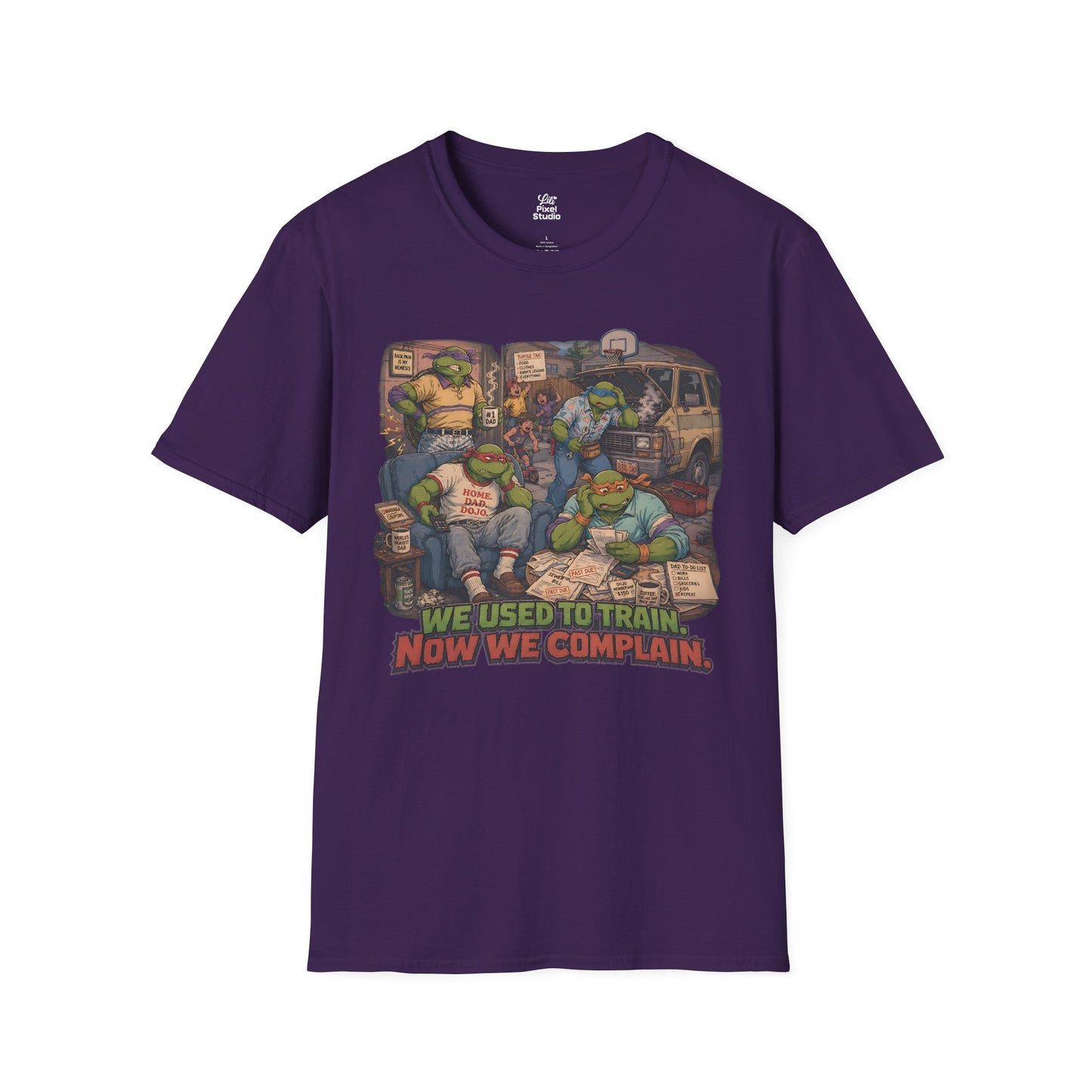 We Used To Train Now We Complain Mens Shirt, Funny Retro Turtle Parody Tee, 80s Cartoon Humor Gift for Nostalgic Millennials