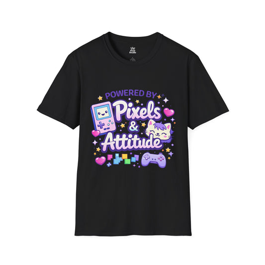 Powered By Pixels And Attitude Womens Shirt, Cute Gamer Tee, Kawaii Gaming Shirt, Retro Pixel Art Gift for Gamers