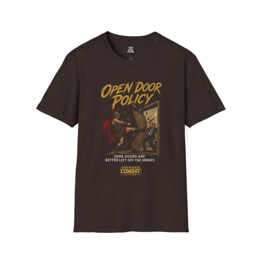 Open Door Policy Shirt, Funny Office Humor Unisex Tee, Corporate Gladiator Shirt, HR Combat Division Gift for Coworkers & Managers