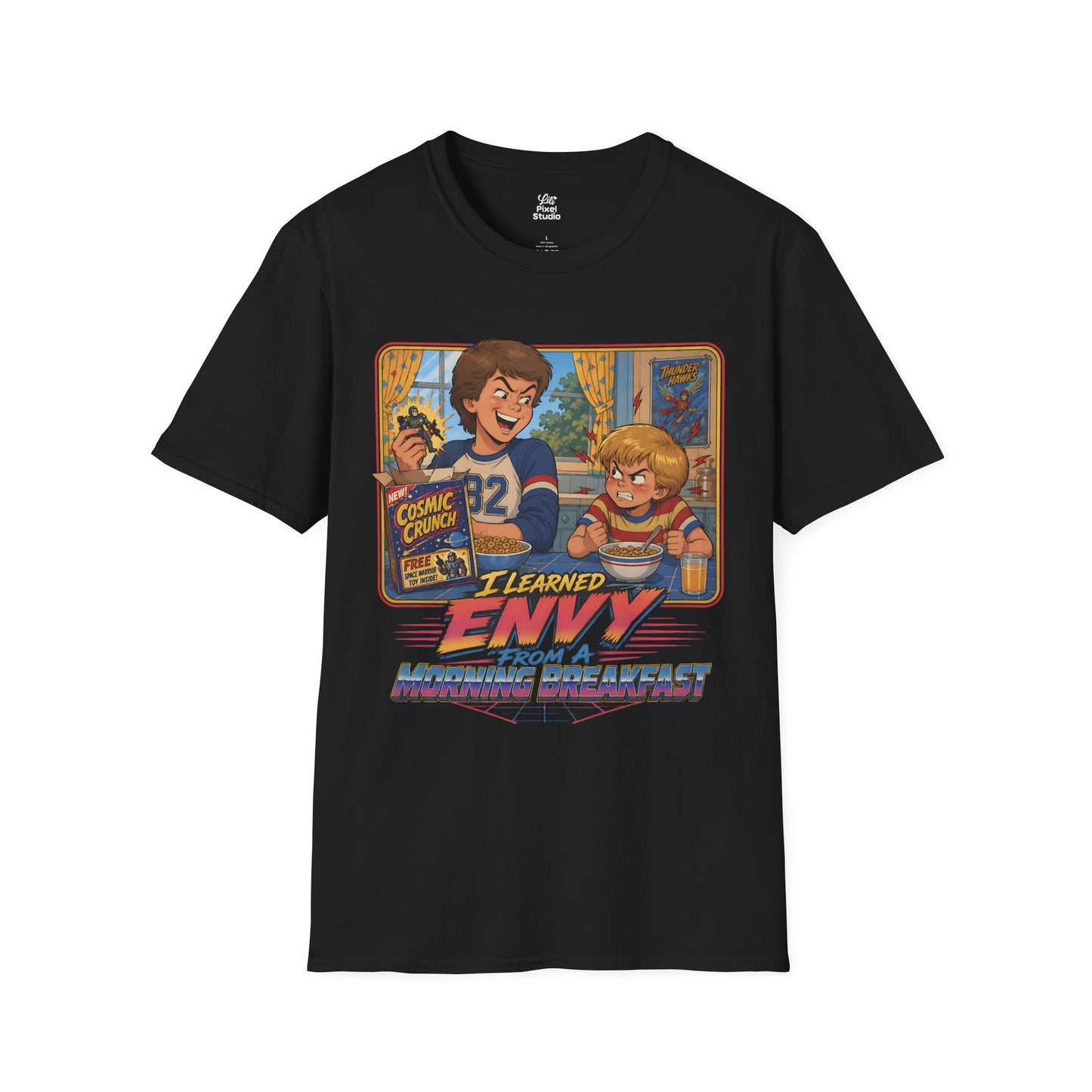 I Learned Envy From A Morning Breakfast Mens Shirt, Funny Retro Cereal Tee, 80s 90s Sibling Rivalry Gift for Millennials