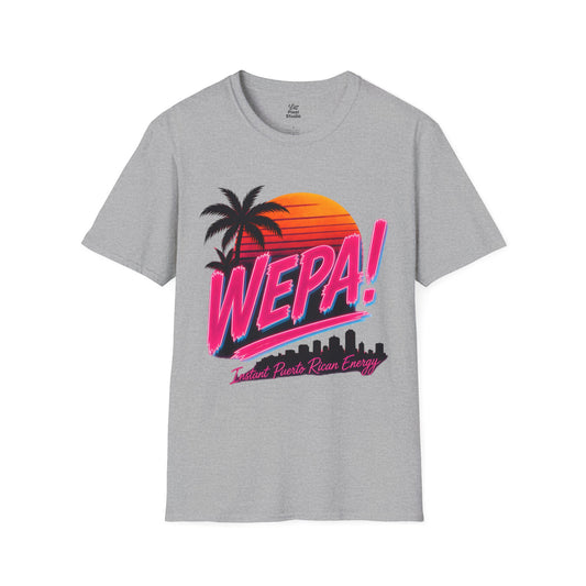 WEPA! Sunset Retro Miami Skyline Unisex T-Shirt | Latin Puerto Rican Humor Funny Gift Tee