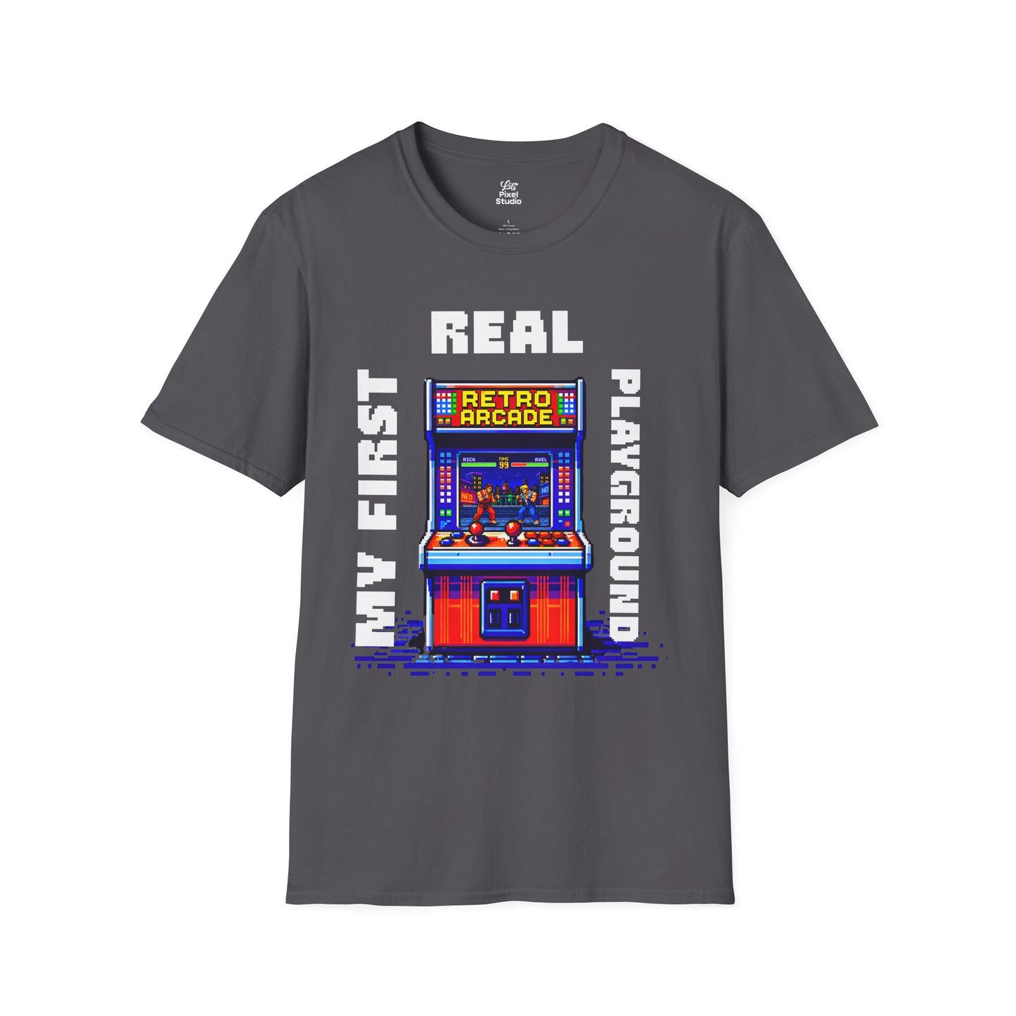 My First Real Playground Unisex Shirt, Retro Arcade Gamer Tee, Pixel Art Gaming T-Shirt, Nostalgic Arcade Gift