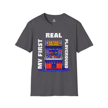 My First Real Playground Unisex Shirt, Retro Arcade Gamer Tee, Pixel Art Gaming T-Shirt, Nostalgic Arcade Gift