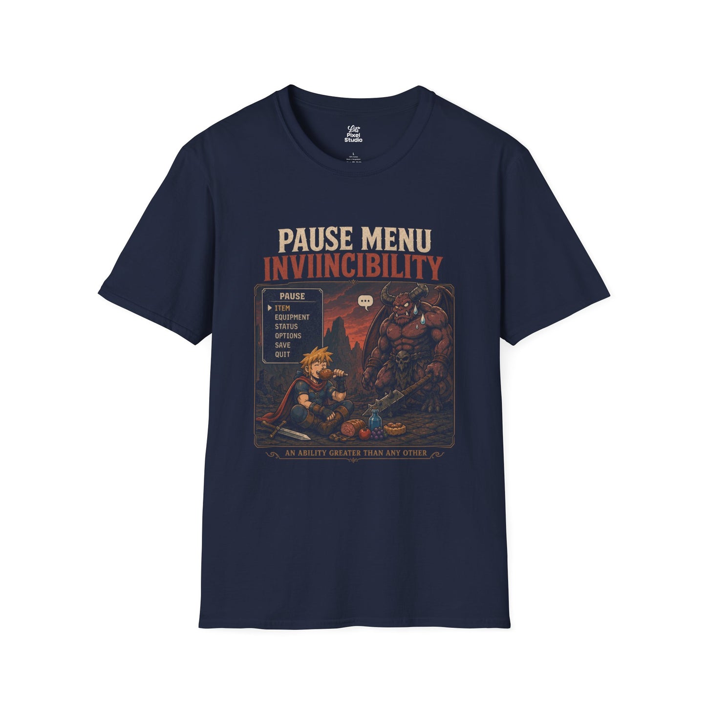 Pause Menu Invincibility Shirt, Funny RPG Gamer Unisex Tee, Questionable Game Logic Shirt, Fantasy Gaming Humor T-Shirt