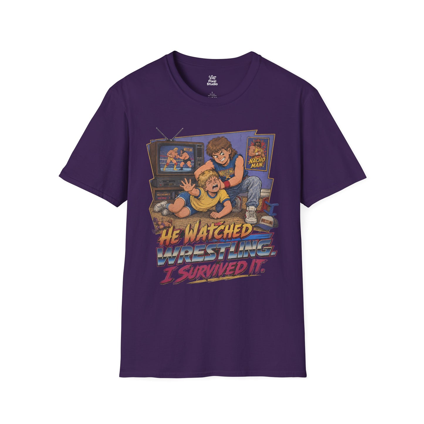 He Watched Wrestling I Survived It Mens Shirt, Funny Retro Wrestling Tee, 80s 90s Childhood Trauma Gift for Wrestling Fans