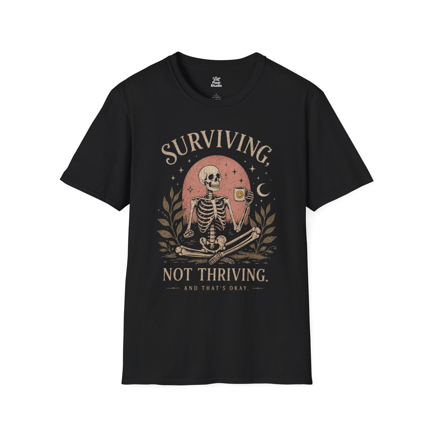 Surviving Not Thriving Skeleton Illustration Unisex T-Shirt | Funny Tired Burned Out Humor Shirt