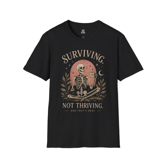 Surviving Not Thriving Skeleton Illustration Unisex T-Shirt | Funny Tired Burned Out Humor Shirt