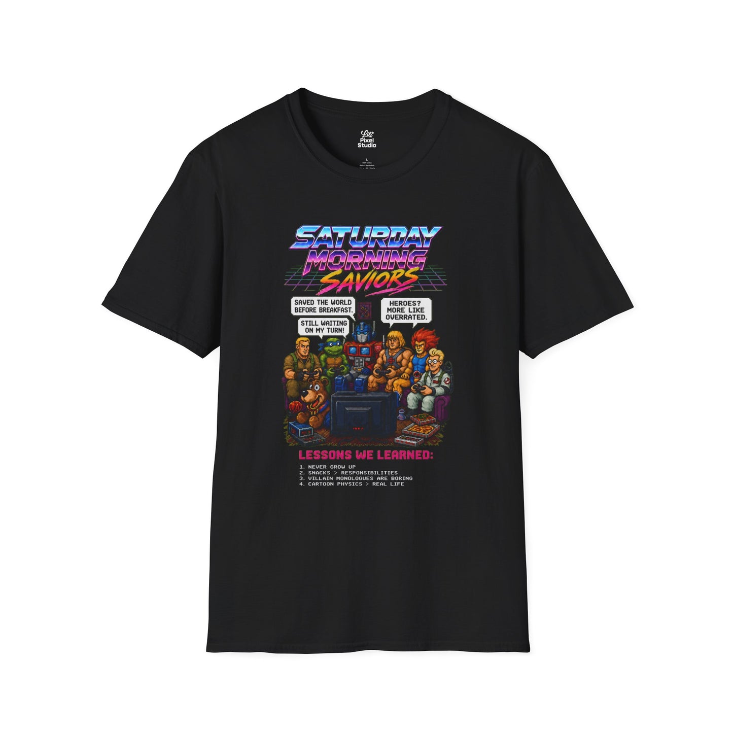 Saturday Morning Saviors Mens Shirt, Retro Cartoon Tee, 80s 90s Nostalgia T-Shirt, Pixel Art Gamer Gift