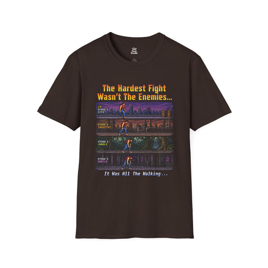 Funny Retro Gamer Unisex Shirt The Hardest Fight Was All The Walking, Questionable Game Logic Tee, Arcade Side Scroller Gaming Gift