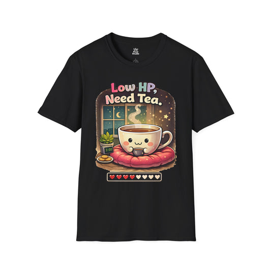 Low HP Need Tea Womens Shirt, Cozy Gamer Tee, Cute Pixel Art T-Shirt, Introvert Gaming Gift, Cottagecore Gamer Top
