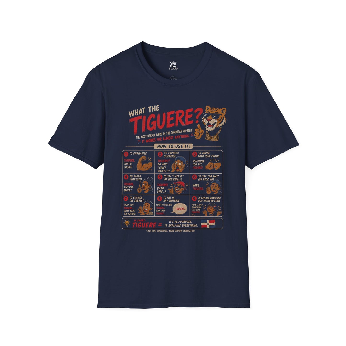 What the Tiguere? Instructional Dominican Vocabulary Chart Unisex T-Shirt | Funny Spanish Latin Meme Explanation Gift Tee