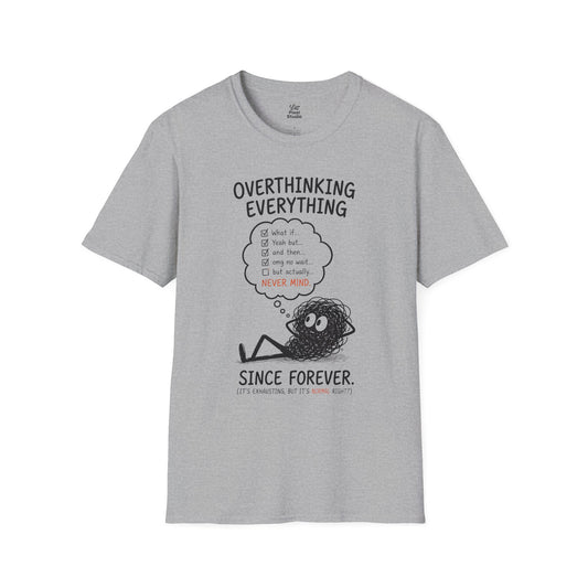 Overthinking Everything Illustration Unisex T-Shirt | Mental Health Humor, Cute Scribble Character, Funny Burned Out Tee