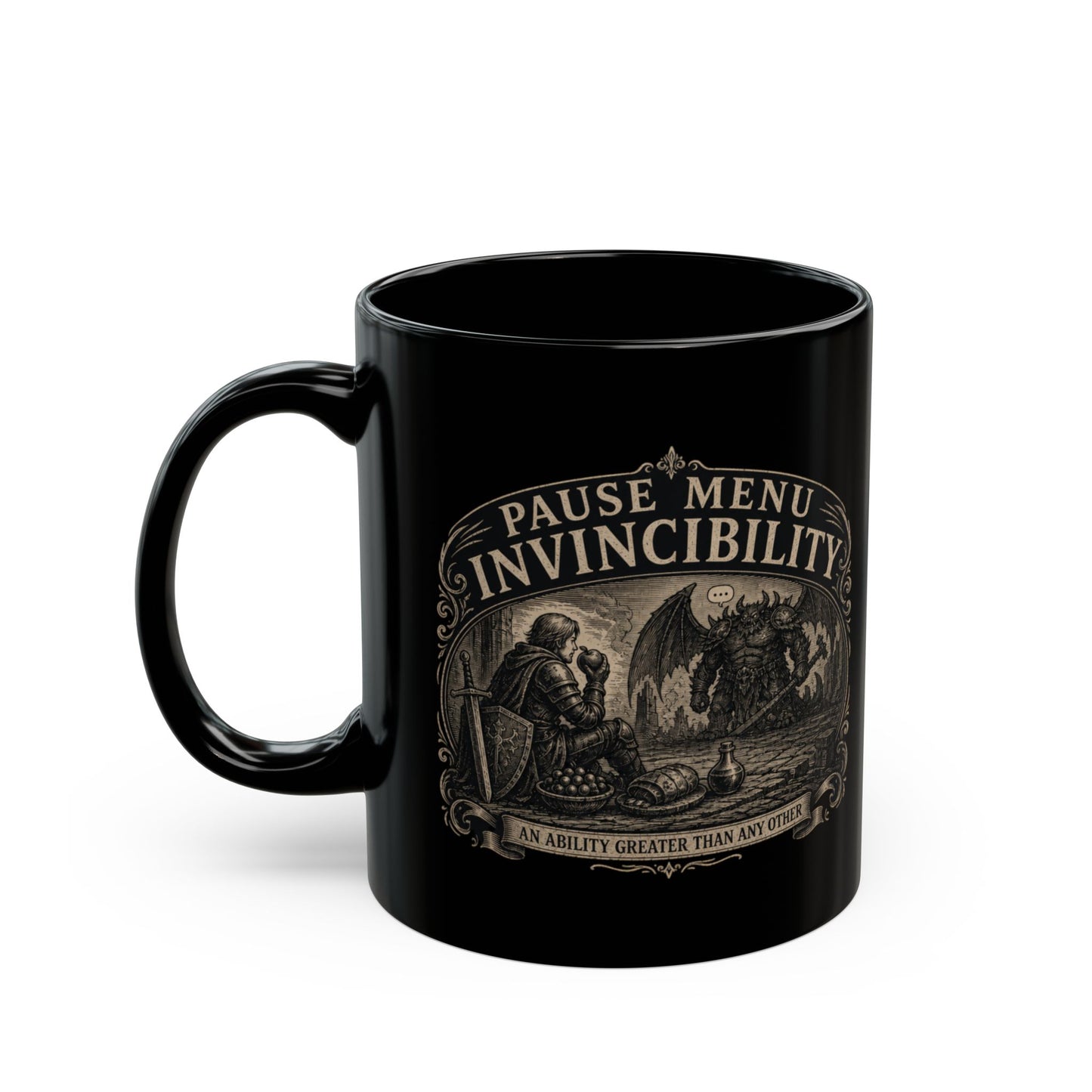 Pause Menu Invincibility Mug, Funny Fantasy Gamer Mug, Tabletop RPG Coffee Cup, Dragon Knight Mug, DnD Inspired Gift