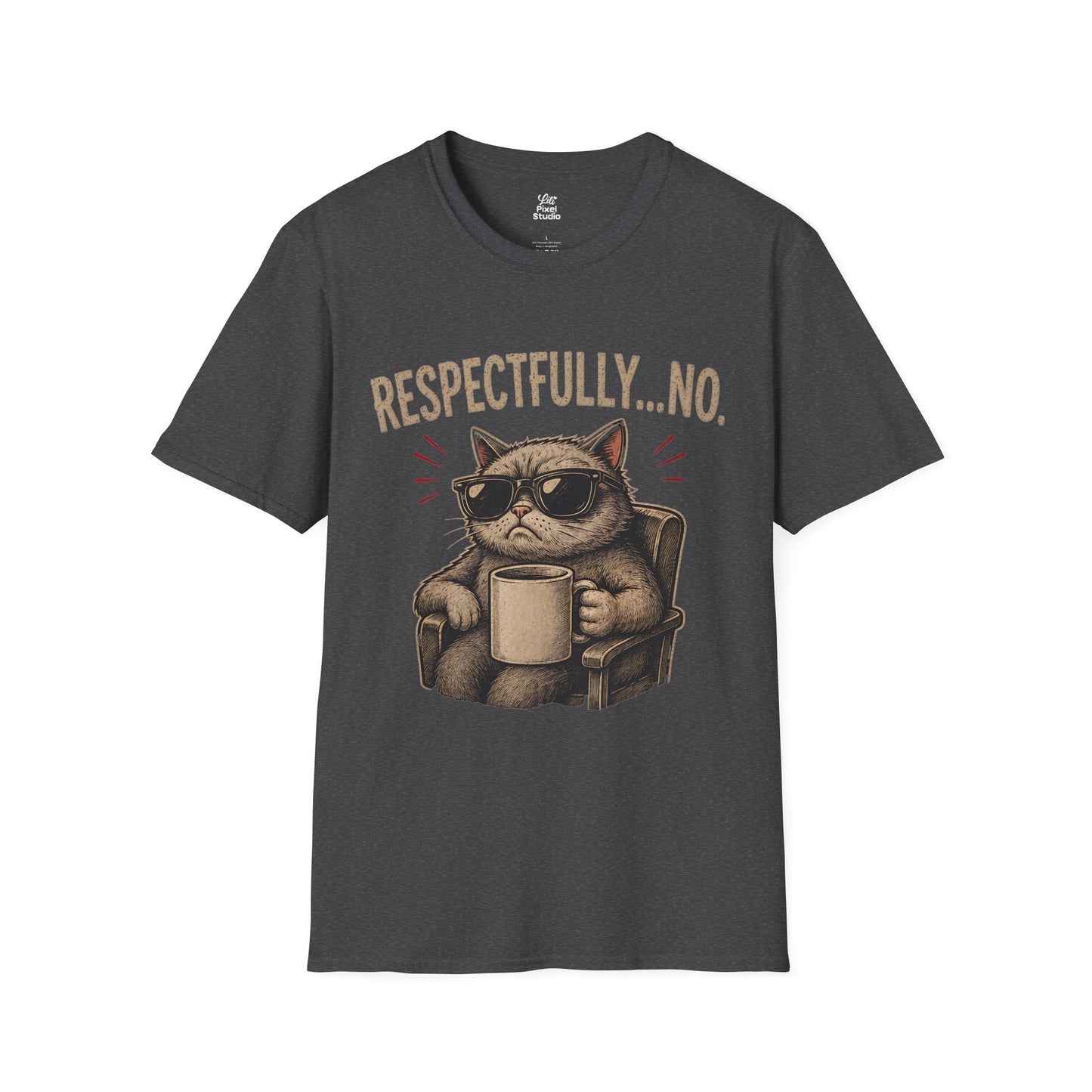 Respectfully No Cat, Unisex T-Shirt | Grumpy Cat with Coffee Graphic Funny Sarcastic Joke Shirt