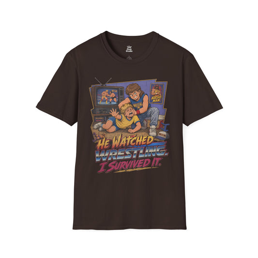 He Watched Wrestling I Survived It Mens Shirt, Funny Retro Wrestling Tee, 80s 90s Childhood Trauma Gift for Wrestling Fans