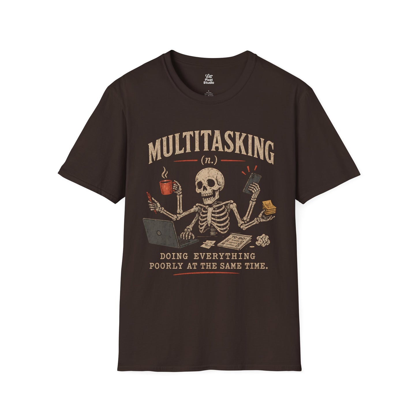 Multitasking Life Defined Skeleton Unisex Tee | Skull Coffee Laptop Phone Humor Funny Sarcastic Graphic T-Shirt