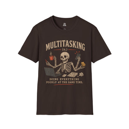 Multitasking Life Defined Skeleton Unisex Tee | Skull Coffee Laptop Phone Humor Funny Sarcastic Graphic T-Shirt