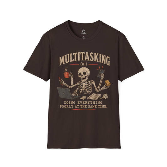 Multitasking Life Defined Skeleton Unisex Tee | Skull Coffee Laptop Phone Humor Funny Sarcastic Graphic T-Shirt