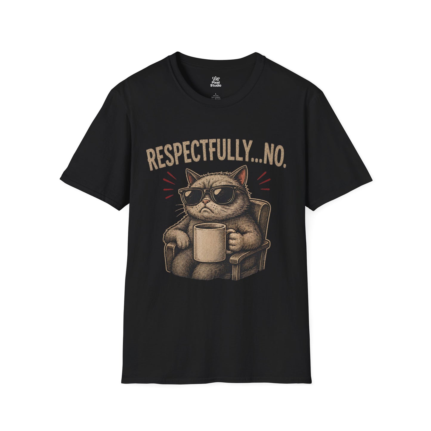 Respectfully No Cat, Unisex T-Shirt | Grumpy Cat with Coffee Graphic Funny Sarcastic Joke Shirt