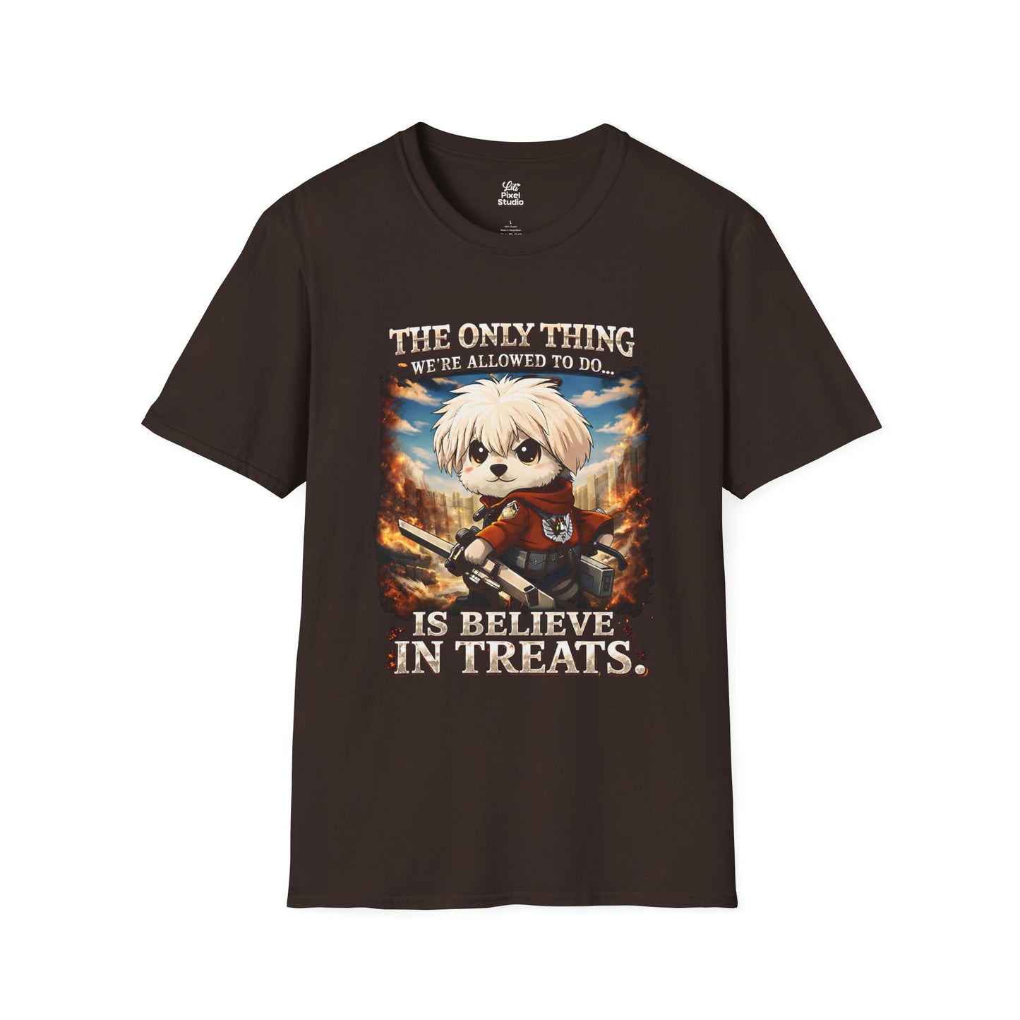 The Only Thing We Are Allowed To Do Is Believe In Treats Unisex Shirt, Funny Anime Maltese Dog Tee, Cute Manga Parody Gift for Anime Fans