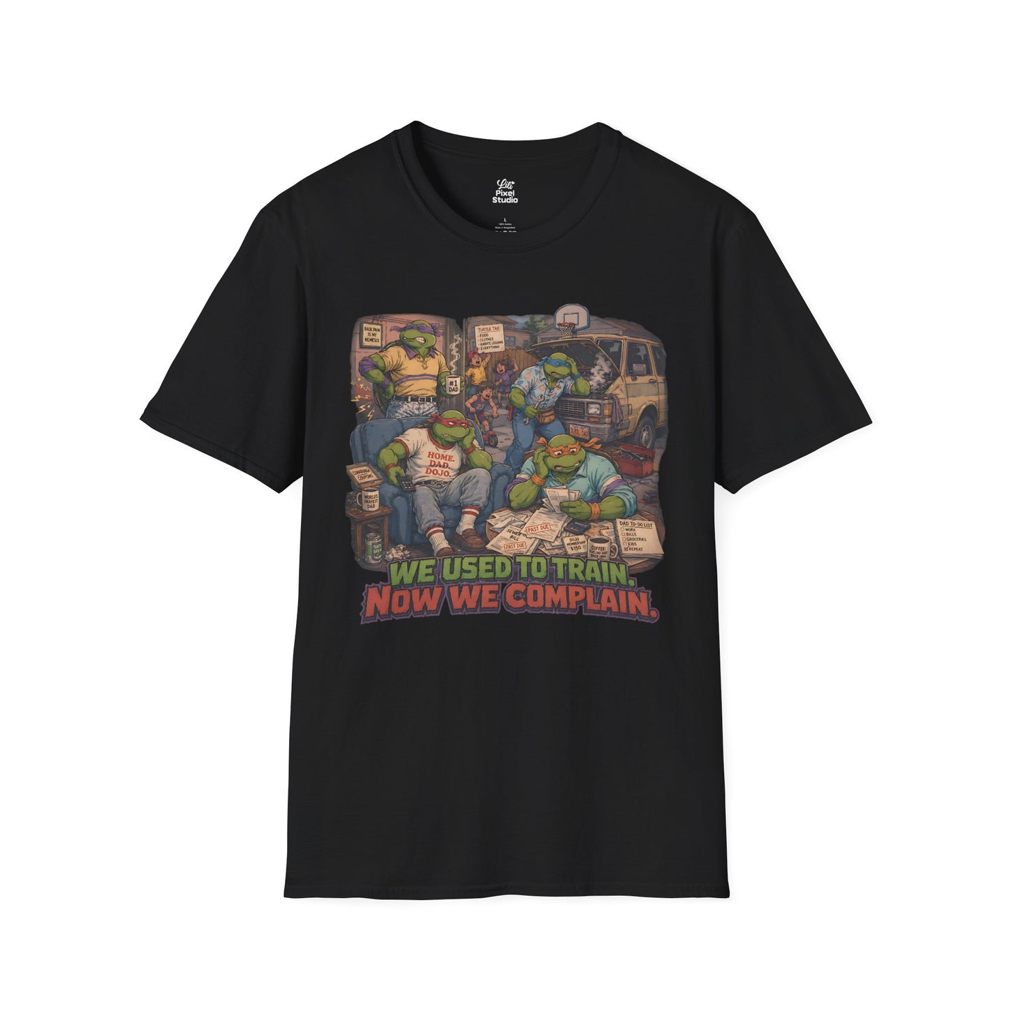 We Used To Train Now We Complain Mens Shirt, Funny Retro Turtle Parody Tee, 80s Cartoon Humor Gift for Nostalgic Millennials