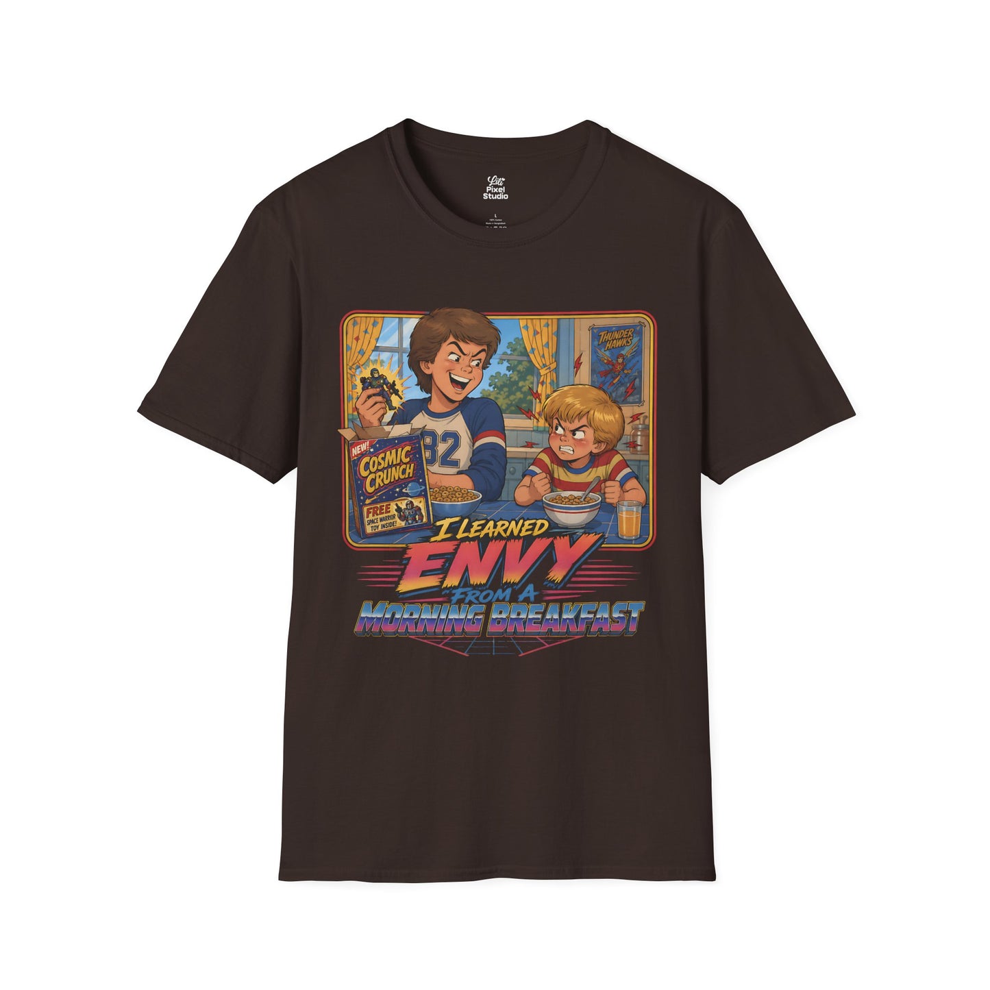 I Learned Envy From A Morning Breakfast Mens Shirt, Funny Retro Cereal Tee, 80s 90s Sibling Rivalry Gift for Millennials