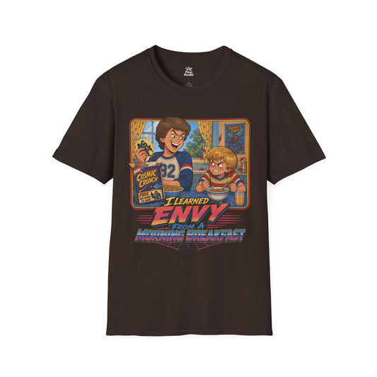 I Learned Envy From A Morning Breakfast Mens Shirt, Funny Retro Cereal Tee, 80s 90s Sibling Rivalry Gift for Millennials
