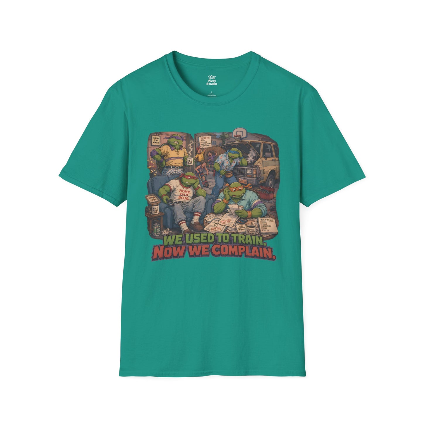 We Used To Train Now We Complain Mens Shirt, Funny Retro Turtle Parody Tee, 80s Cartoon Humor Gift for Nostalgic Millennials