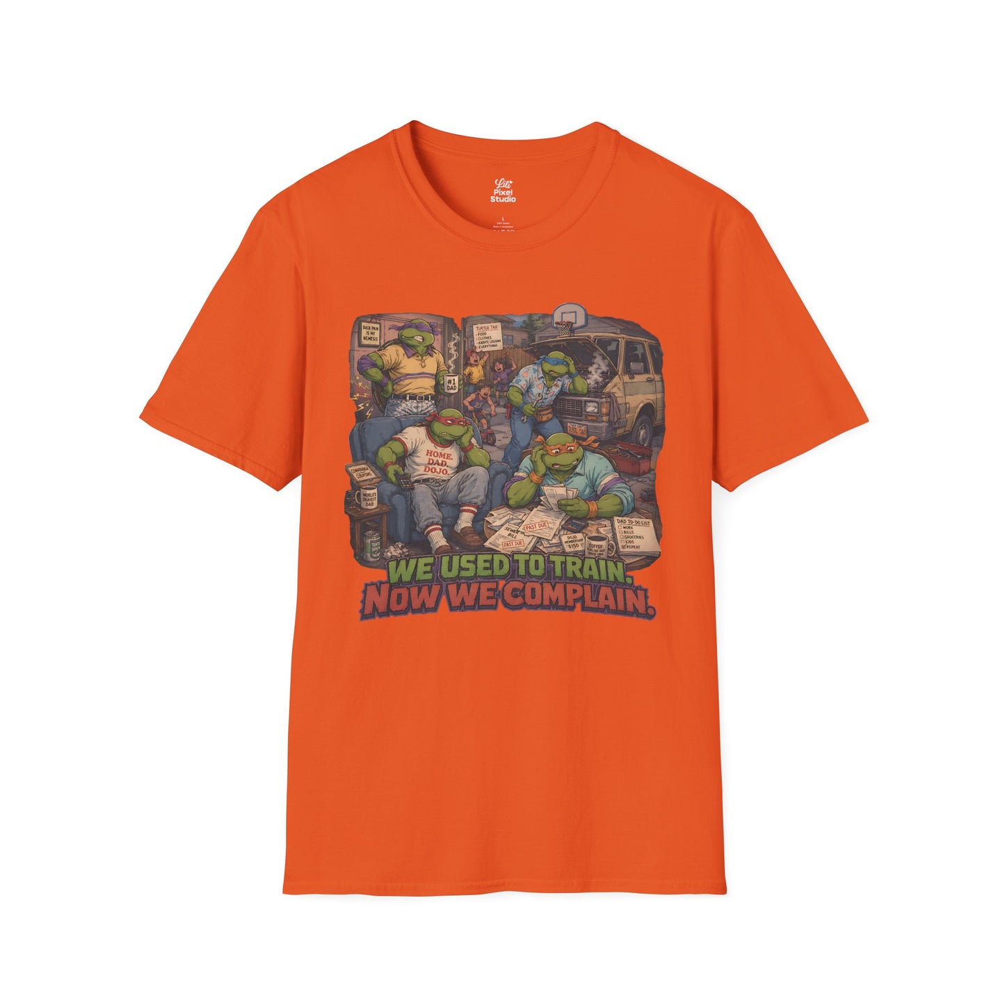 We Used To Train Now We Complain Mens Shirt, Funny Retro Turtle Parody Tee, 80s Cartoon Humor Gift for Nostalgic Millennials