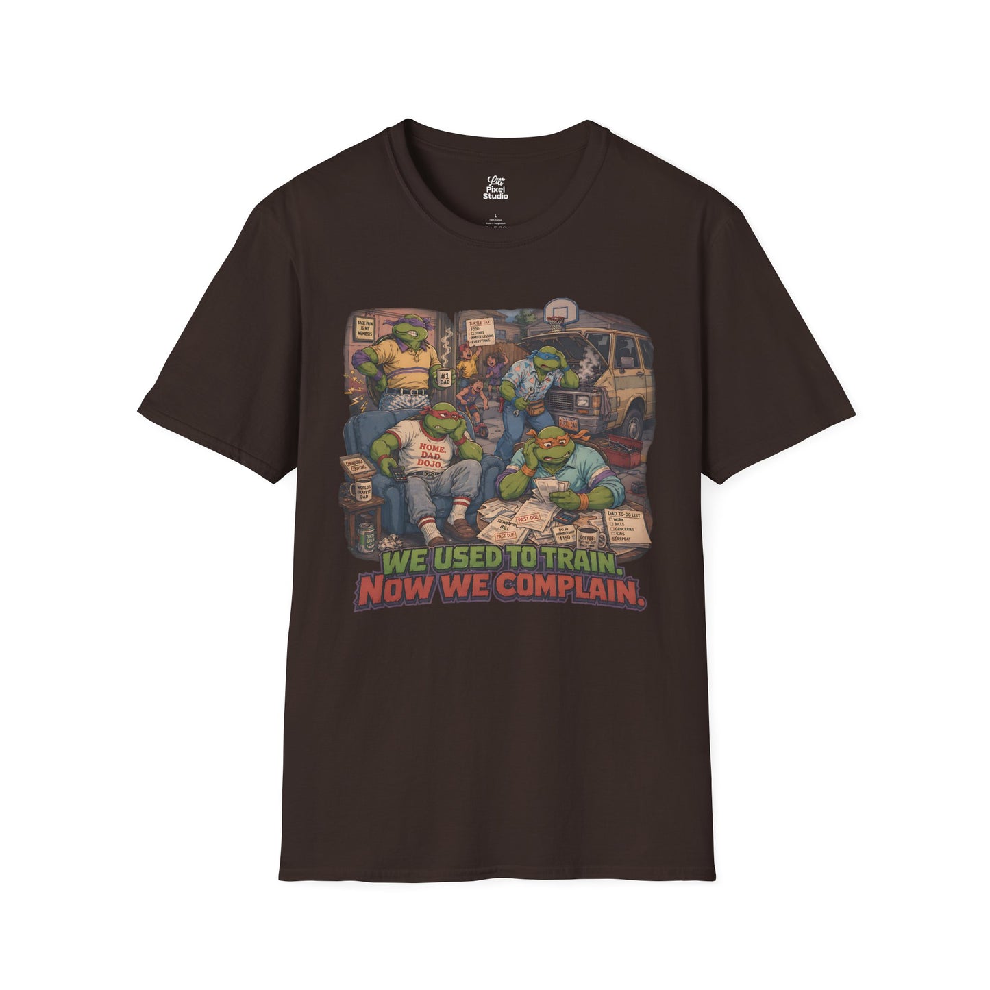 We Used To Train Now We Complain Mens Shirt, Funny Retro Turtle Parody Tee, 80s Cartoon Humor Gift for Nostalgic Millennials