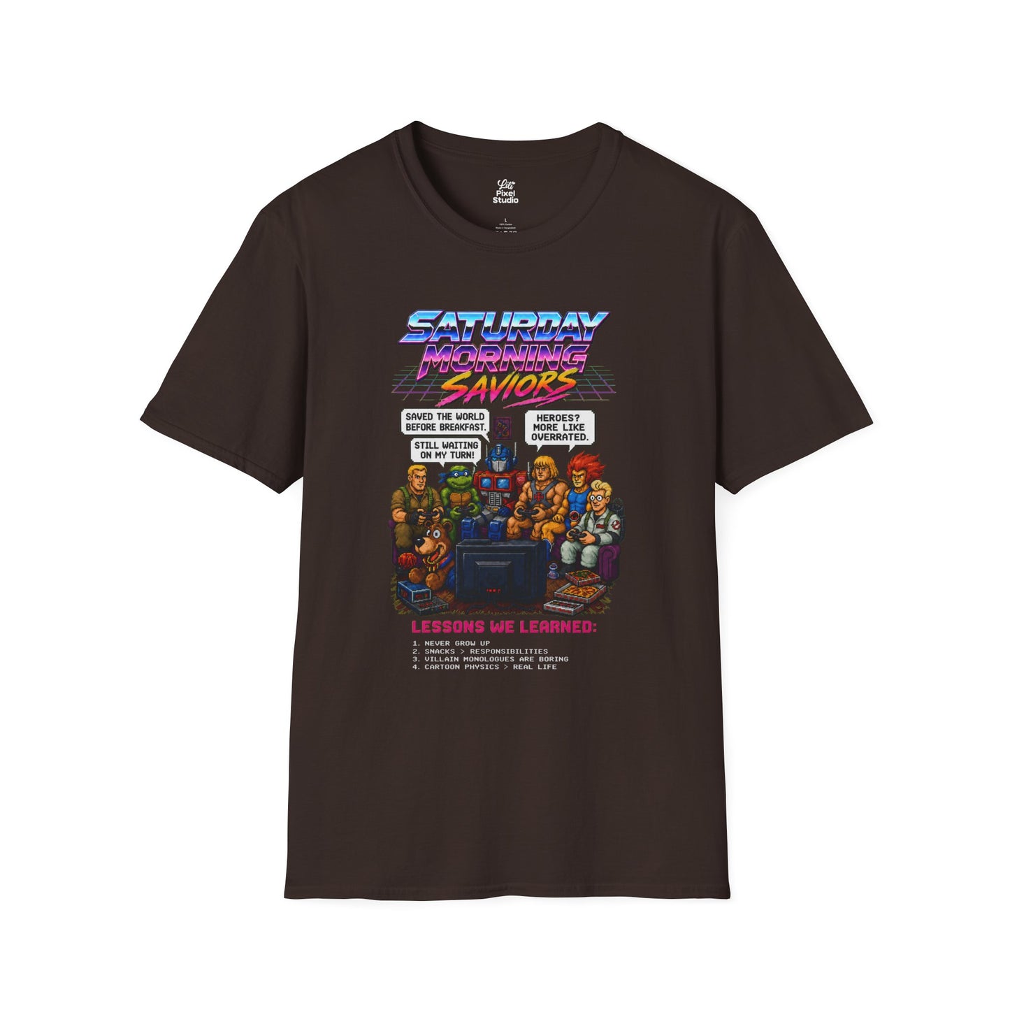 Saturday Morning Saviors Mens Shirt, Retro Cartoon Tee, 80s 90s Nostalgia T-Shirt, Pixel Art Gamer Gift