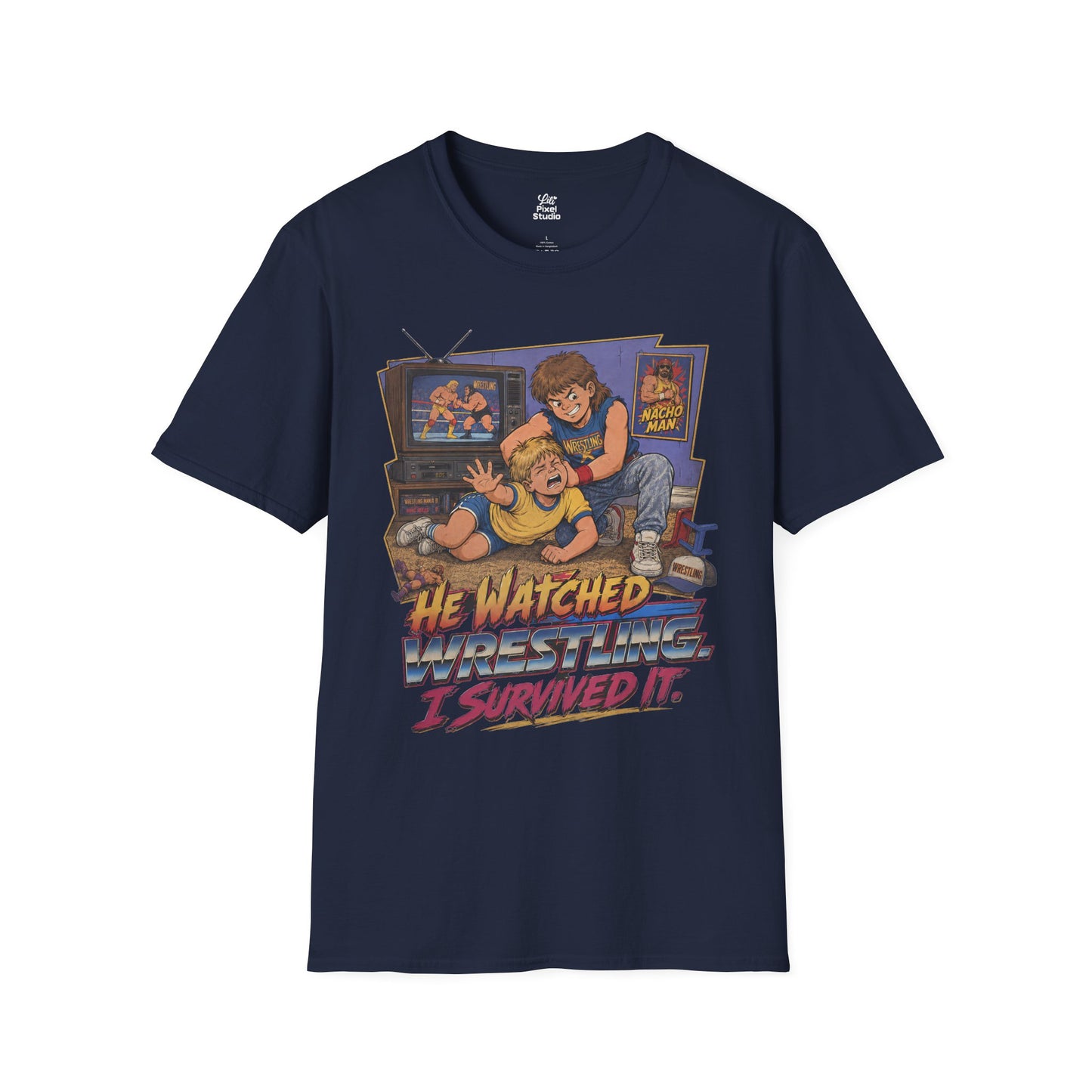 He Watched Wrestling I Survived It Mens Shirt, Funny Retro Wrestling Tee, 80s 90s Childhood Trauma Gift for Wrestling Fans