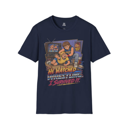 He Watched Wrestling I Survived It Mens Shirt, Funny Retro Wrestling Tee, 80s 90s Childhood Trauma Gift for Wrestling Fans