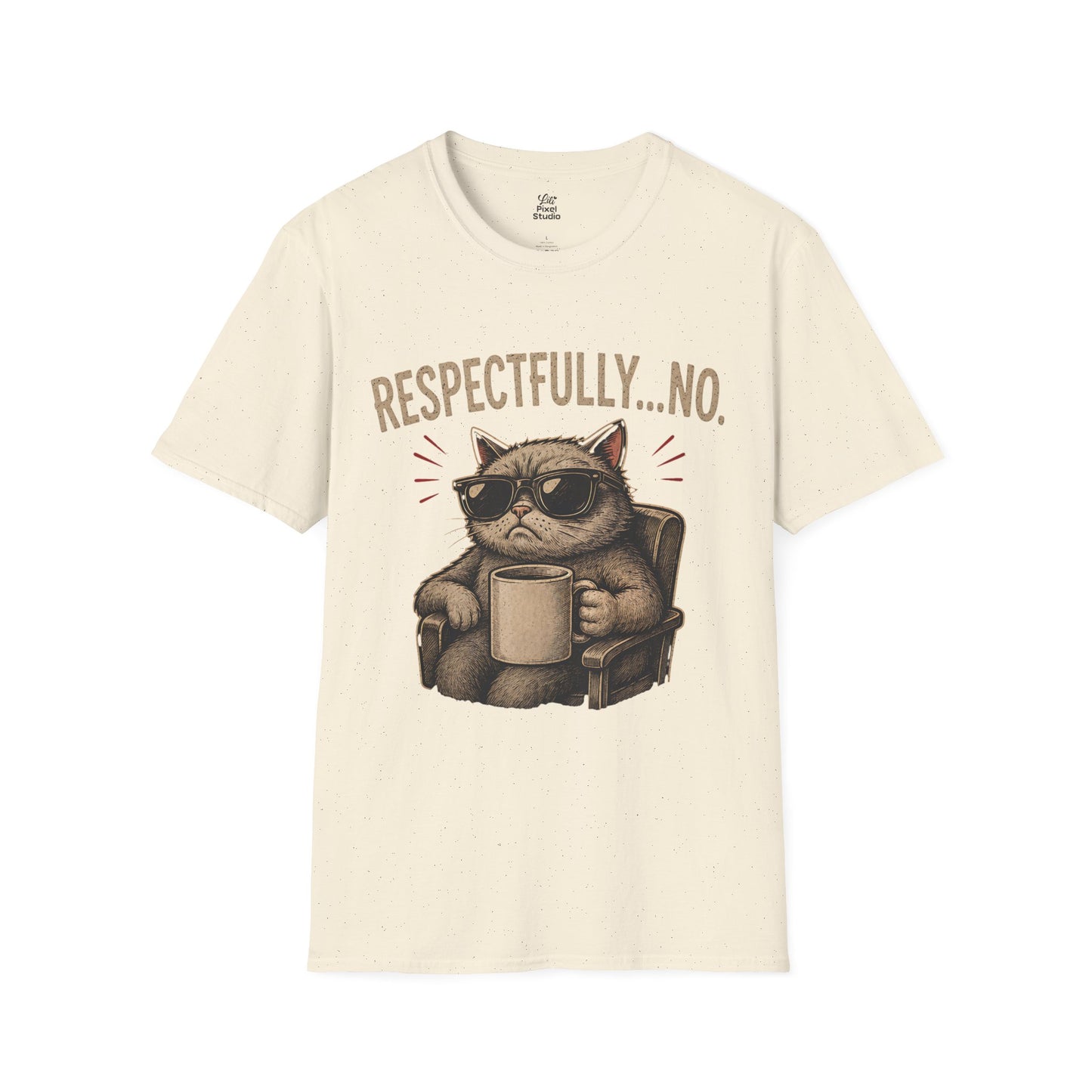 Respectfully No Cat, Unisex T-Shirt | Grumpy Cat with Coffee Graphic Funny Sarcastic Joke Shirt
