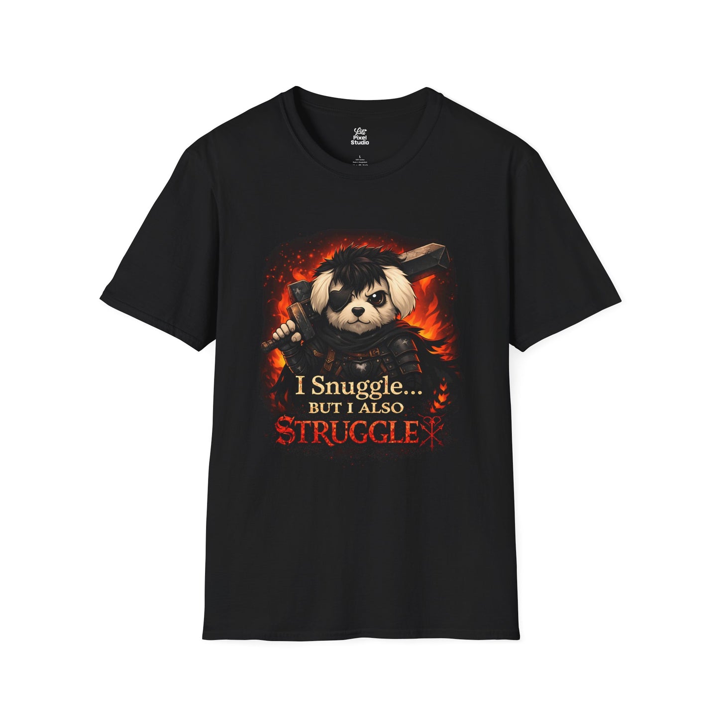 I Snuggle But I Also Struggle Unisex Shirt, Funny Dark Fantasy Anime Pet Tee, Cute Manga Parody Gift for Anime Fans & Gamers