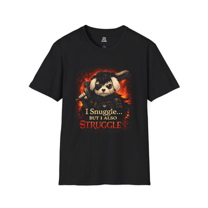 I Snuggle But I Also Struggle Unisex Shirt, Funny Dark Fantasy Anime Pet Tee, Cute Manga Parody Gift for Anime Fans & Gamers