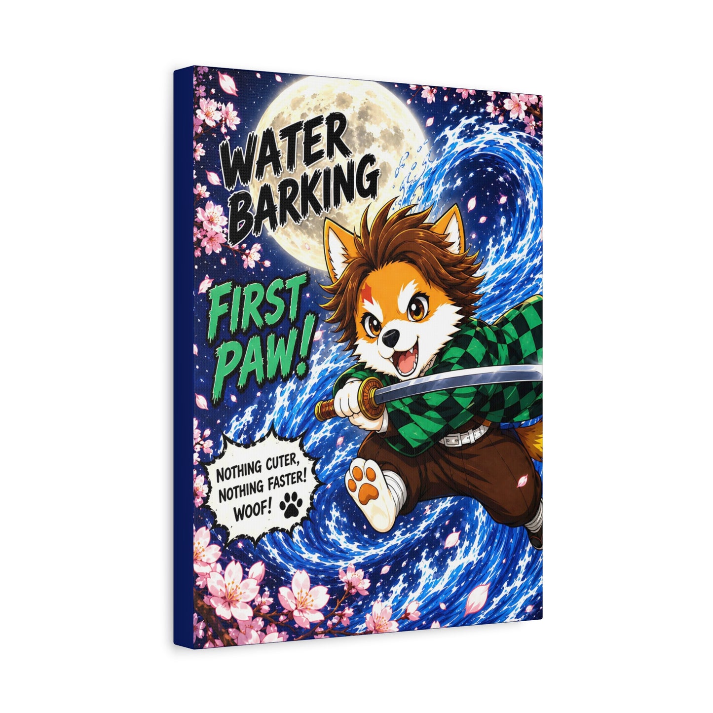 Water Barking First Paw Canvas, Anime Inspired Dog Canvas Print, Mutts of Manga Wall Art, Cute Dog Decor