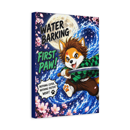 Water Barking First Paw Canvas, Anime Inspired Dog Canvas Print, Mutts of Manga Wall Art, Cute Dog Decor