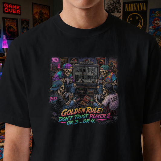Golden Rule Don't Trust Player 2 Or 3 Or 4, Retro Gaming Nostalgia Shirt, 90s Gamer Mens Tee, Arcade Kid Gift