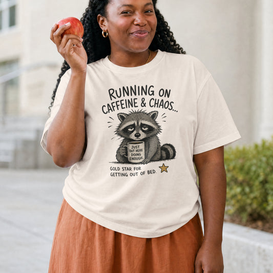 Running On Caffeine & Chaos Unisex T-Shirt | Cute coffee Raccoon Meme Burned Out Joke Shirt