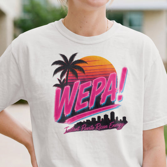 WEPA! Sunset Retro Miami Skyline Unisex T-Shirt | Latin Puerto Rican Humor Funny Gift Tee